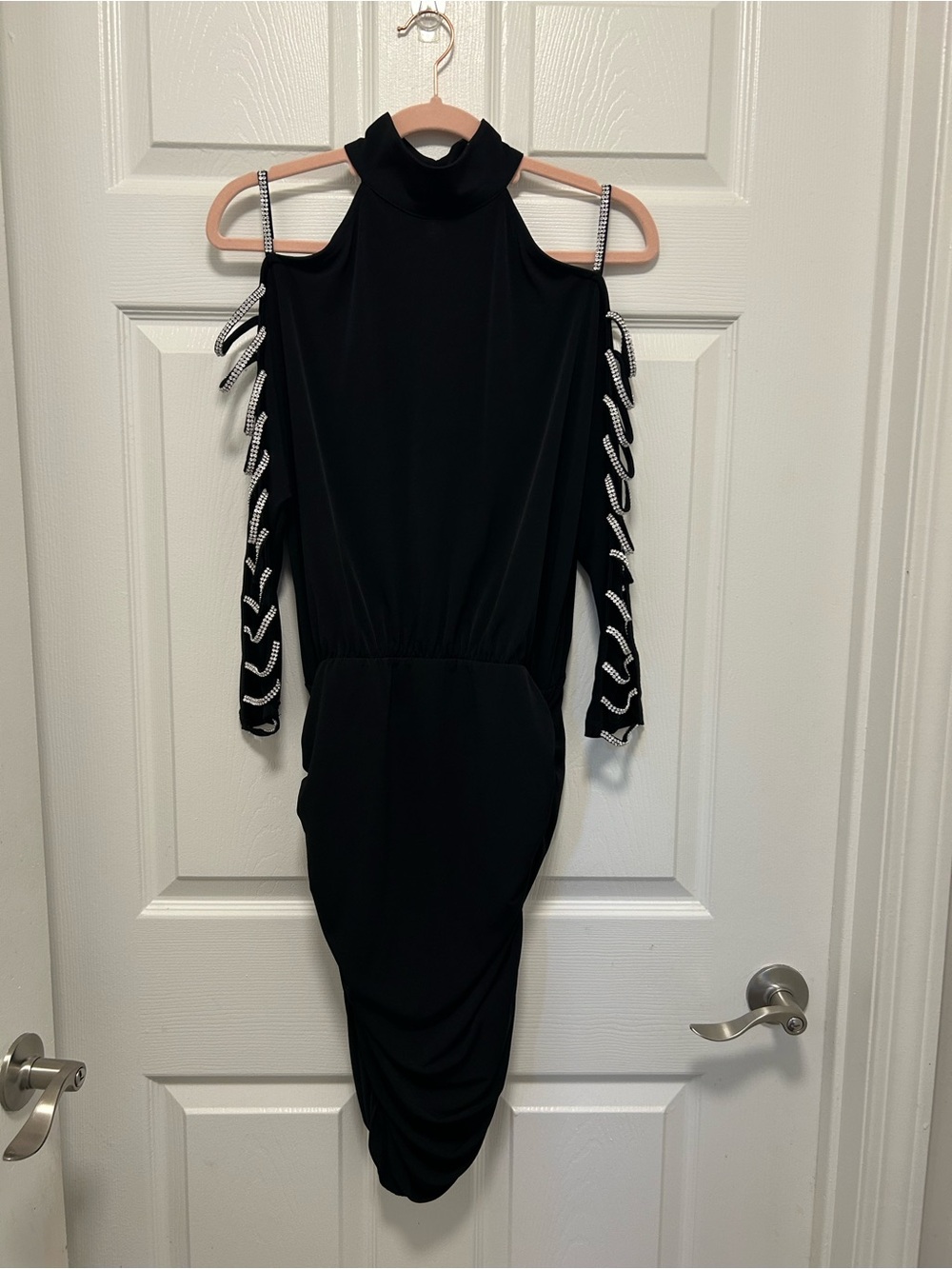VENUS Black Cold-Shoulder Rhinestone-Trim Midi Dress